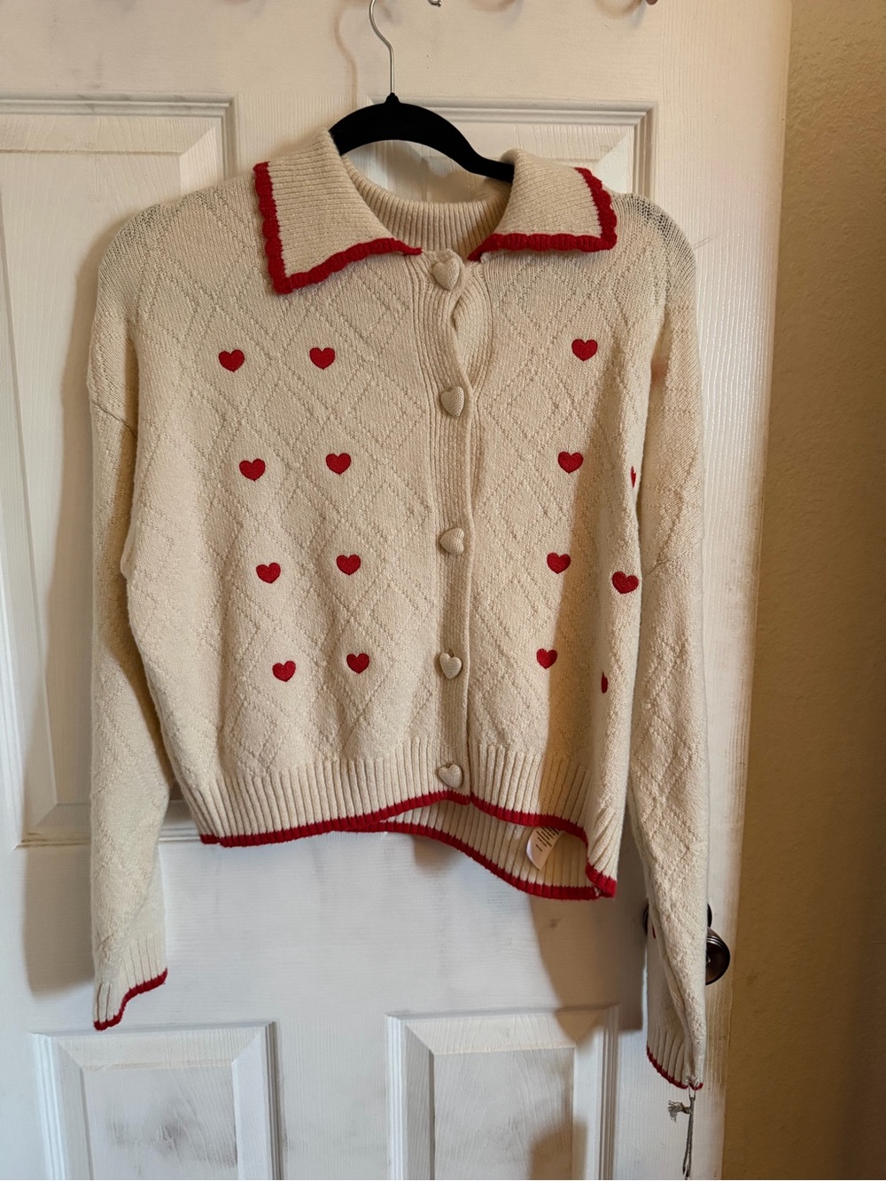 Cream Cardigan Sweater with Red Heart Accents